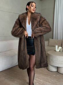 Firerie 女式优雅长款仿皮草大衣秋冬女装 - 咖啡棕 - 查看 6