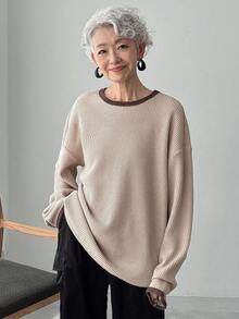 FRIFUL Women's Waffle Knit Contrast Color Loose Fit Round Neck Long Sleeve Casual T-Shirt, Suitable For Spring/Autumn Layering