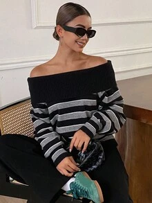DAZY Contrast Stripe Off Shoulder Loose Long Sleeve Casual Street Knit Sweater For Women, Autumn/Winter - Black - View 1