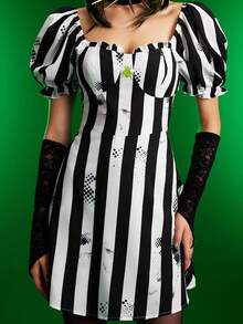 Beetlejuice X SHEIN 女式夏季条纹泡泡袖束腰连衣裙 - 黑與白 - 查看 6