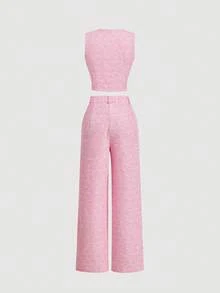 SHEIN MOD Pink Vest Top, Straight Leg Pants, Ladies Elegant Suit Set, Trim Women's Suit Set, Blazer Jacket And Pants, Early Autumn Outfit Back To School Preppy Tops 2pcs Set Pants Old Money Style - Baby Pink - View 2
