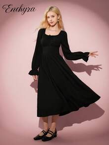 少女休闲优雅度假连衣裙，黑色紧身胸衣长袖修身连衣裙，适合万圣节、秋冬季 - 黑色 - 查看 6