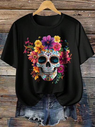 SHEIN LUNE Black Sommar Casual Rave Women's Plus Size Skull & Flower Graphic Print T-Shirt,Minimalist Round Neck Short Sleeve Fitted Top For Halloween Vacation