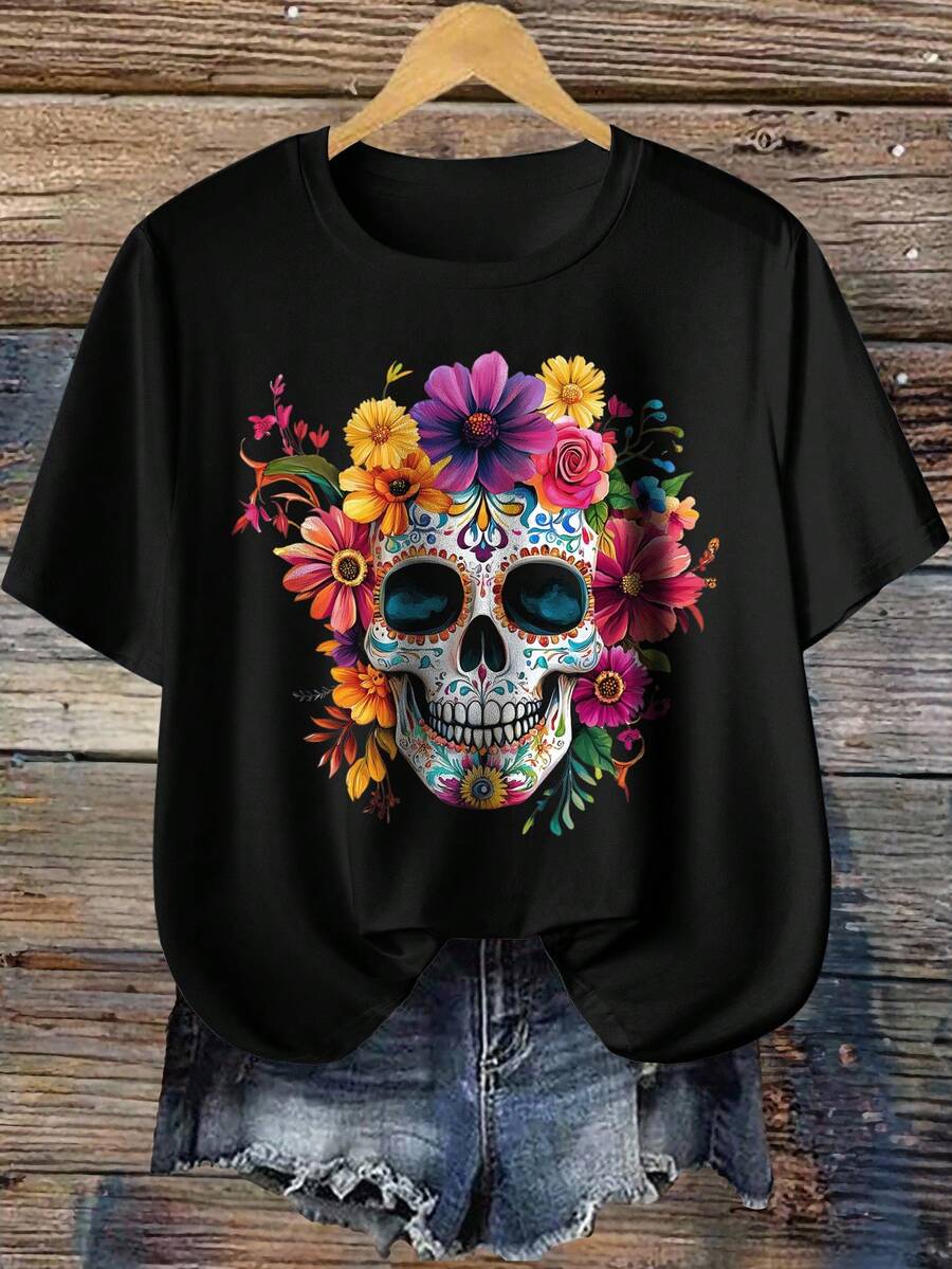 EMERY ROSE Casual Minimalist Skull & Flower Graphic Print Round Neck Short Sleeve Fitted Plus Size Women T-Shirt, For Summer Suitable For Going Out Halloween