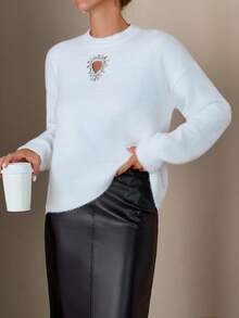 EURMUSE Damen Unifarben Pullover mit Rundhalsausschnitt und Strasssteinen, Drop-Shoulder