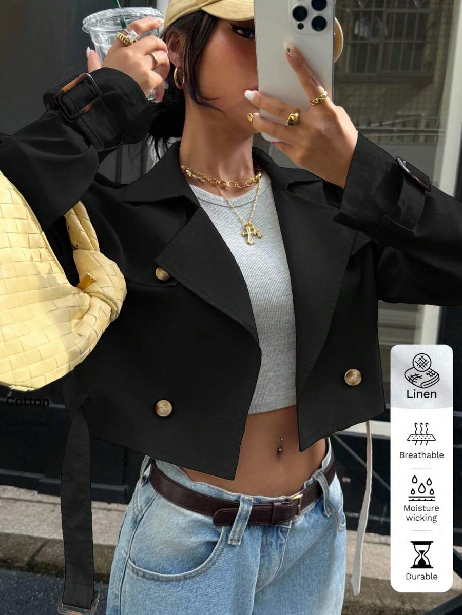 SHEIN EZwear 休闲街头风格杏色女式短款风衣 - 黑色 - 查看 1