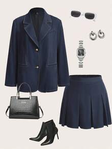 Modelyn Setelan 2 potong Vintage Kontras Warna Denim Efek Lengan Panjang Kancing Depan dan Rok Lipit Kasual untuk Musim Gugur/Dingin - Navy Blue - View 1