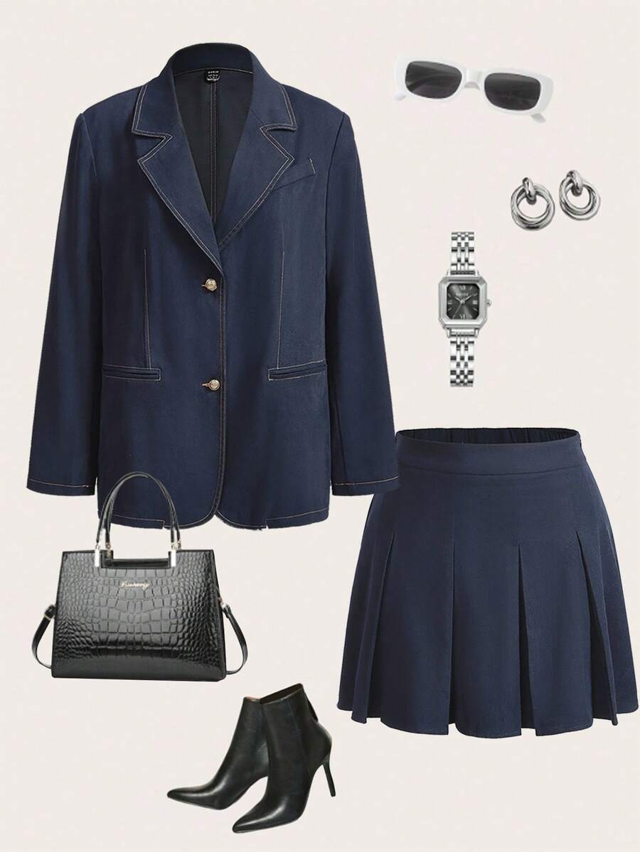 Modelyn Setelan 2 potong Vintage Kontras Warna Denim Efek Lengan Panjang Kancing Depan dan Rok Lipit Kasual untuk Musim Gugur/Dingin - Navy Blue - View 1