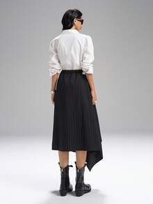 LYSMO 2025 New Arrive Minimalism Fall Women Casual Everyday Asymmetric Hem Striped Skirt  For Going Out Outfits, Back To School, Graduation, Streetwear, And Stockholm Style  Business Casual Deconstructionism - Black - View 2