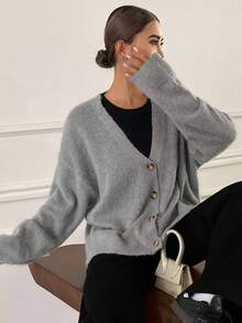 DAZY كارديجان فضفاض بياقة على شكل حرف V للنساء، محبوك بأكمام طويلة، موسم الخريف