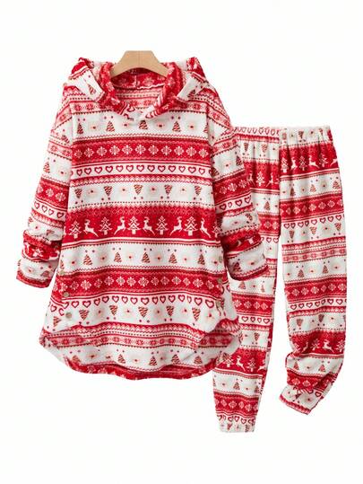 EMERY ROSE 女士优雅休闲圣诞毛绒法兰绒红色睡衣套装