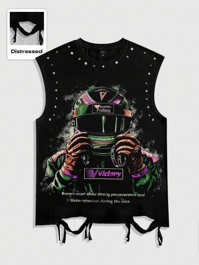 Grunge Punk Camiseta de tirantes gráfica vintage desgastada para hombre, estilo de los años 2000