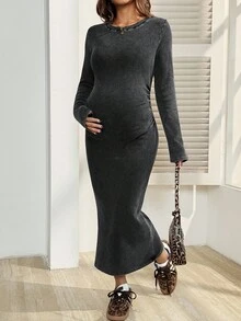SHEIN 孕妇纯色圆领修身优雅长袖连衣裙 - 黑色 - 查看 4