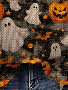 SHEIN LUNE Sudadera holgada de mujer con cuello redondo, estampado minimalista casual, adecuada para Halloween, con estampado de fantasma o calabaza para otoño/invierno - Multicolor - Ver 4
