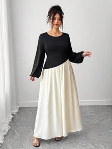 Elenzga Plus Size Elegant Color Block Lantern Sleeve Swing Dress, Autumn Fall Cloth For Women - Multicolor - View 4