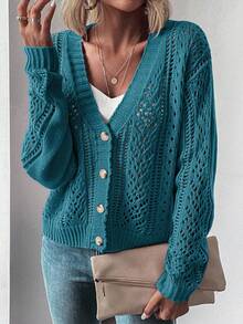 EMERY ROSE Casual Hollow-Out Knit Cardigan Fall Winter Cloth For Women - Teal Blue - View 3