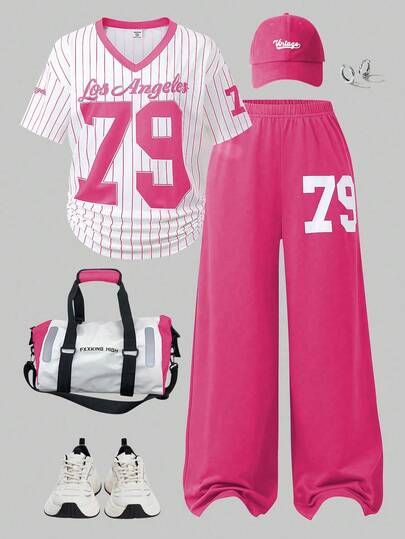 2pcs/Set Casual & Fashionable Teen GirlNumber Graphic V-Neck Short Sleeve Top And Wide Leg Sweatpants Set