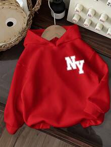 男童休闲简约纽约卡通图案宽松长袖卫衣，适合秋冬季节穿着。 - 紅色 - 查看 2