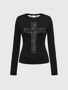 ROMWE Grunge Punk Y2K朋克韩流交叉铆钉设计激光镂空后背修身长袖T恤，纯色百搭 - 黑色 - 查看 1