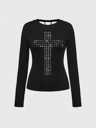Grunge Punk Y2K Punk Kpop Kreuz Nieten Design Laser Ausschnitt Rücken Slim Fit Langarm T-Shirt, einfarbig vielseitig