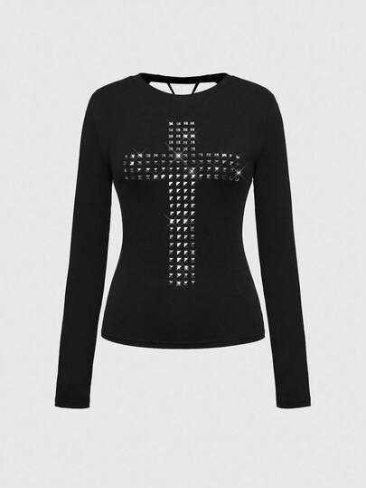 Grunge Punk T-shirt à manches longues slim fit avec design de croix rivetée, coupe laser ajourée au dos, style punk Y2K K-pop. Couleur unie polyvalente