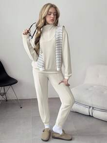 2pcs/Set Teen GirlSolid Color Casual Homewear, Stand Collar Turndown Collar Long Sleeve Sweatshirt + Pants Set, Autumn/Winter - Apricot - View 3