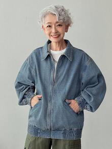 Áo khoác denim túi khóa kéo thường ngày dành cho nữ - Màu xanh lam - Xem 2