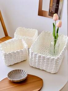 Handmade Woven Storage Baskets  Natural Paper Rope Organizer Bin For Home, Farmhouse Decor Basket With Lid (S/M/L), Bookshelf & Kitchen Cabinet Organizer, Christmas Gift Idea - White - View 3