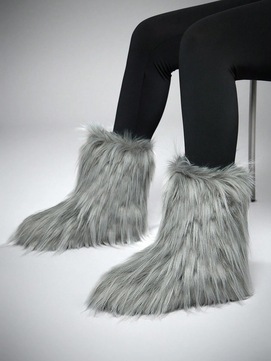 SHUZIA 女士时尚毛茸茸冬季保暖舒适高筒雪地靴 - 灰色 - 查看 1