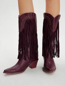 Styleloop CUCCOO Women's Pointed Toe Chunky Heel Fringe Studded Western Mid-Calf Boots - Burgundy - View 3