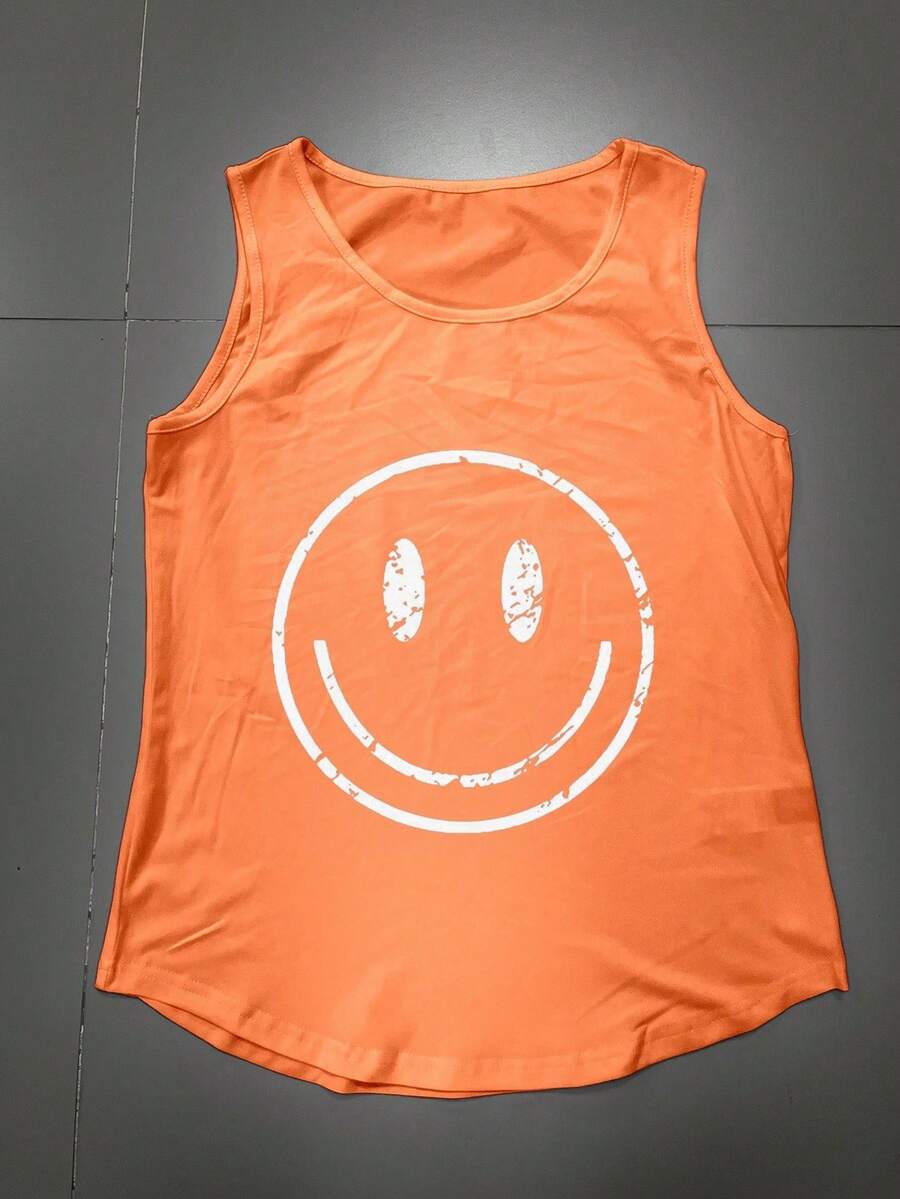 INAWLY Summer Sleeveless Shirt With Round Neck And Smiling Face Print For Women Graphic Tees Women Tops - Orange - View 1