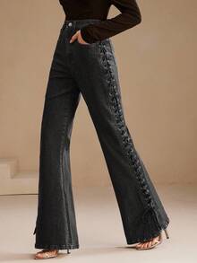 SHEIN X Jwoww Anewsta Women's New Fashion Design Side Bone Handmade Rope Black Denim Straight Leg Pants - Black - View 1