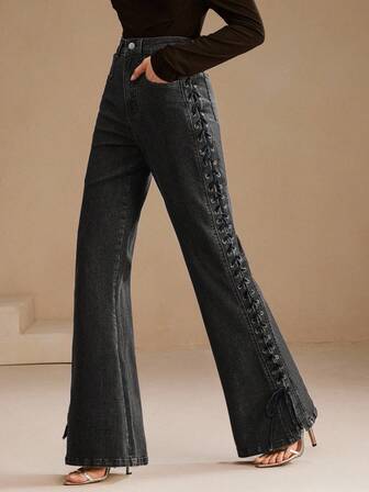 SHEIN X Jwoww Anewsta 时尚女式阔腿侧骨梭织牛仔裤