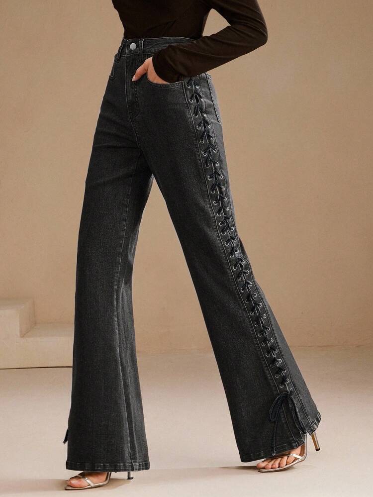 Women's New Fashion Design Side Bone Handmade Rope Black Denim Straight Leg Pants