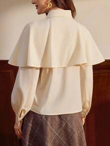 Vintamour 女士复古优雅胸针披肩翻领长袖纽扣休闲度假衬衫，秋冬圣诞节优雅衬衫 - 米色 - 查看 3