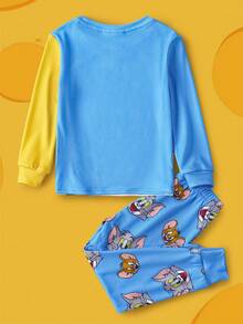 TOM & JERRY X SHEIN 2 件套小男孩卡通蓝色可爱休闲长袖 T 恤和短裤舒适睡衣套装 - 藍色 - 查看 2