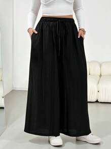 SHEIN Essnce Plus Size Women's Spring And Autumn Fashion Casual Wide, Loose And Comfortable Thin Elastic Waist Black Wide-Leg Pants Skirt Pants,Women Bottom,Baggy Pants,Going Out Outfits,Simple Style,Fall Clothes For Women