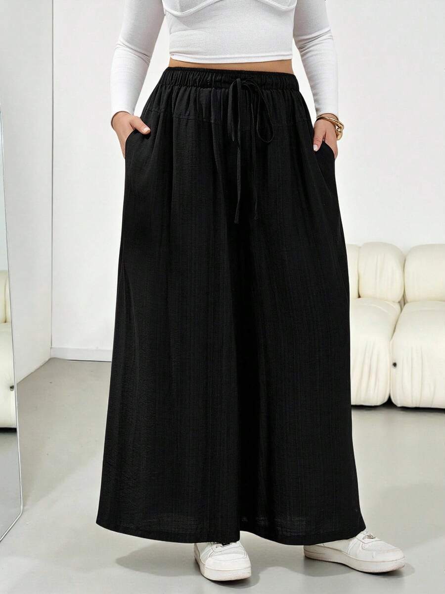 SHEIN Essnce Plus Size Women's Spring And Autumn Fashion Casual Wide, Loose And Comfortable Thin Elastic Waist Black Wide-Leg Pants Skirt Pants,Women Bottom,Baggy Pants,Going Out Outfits,Simple Style,Fall Clothes For Women