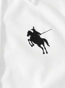 SHEIN 少女休闲百搭简约衬衫，胸前有黑色骑士图案，下摆弧形，适合外出、购物、上学、通勤，可搭配夹克、外套、裤子、长袖上衣 - 白色 - 查看 5