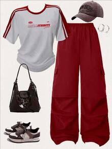 2pcs/Set Teenage Girls Comfortable Loose Fit Outdoor Sports Drop Shoulder T-Shirt And Cargo Pants - Multicolor - View 3