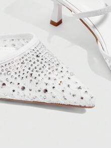 CUCCOO SZL Women's White Rhinestone Embellished Pointed Toe Chunky Heels Pumps - White - View 6