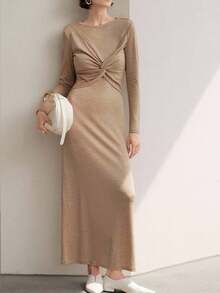 Uhlyne Uhlyne Abito midi elegante da donna con design annodato, arricciato, a tinta unita, aderente, vintage, minimalista, alla moda, basic, adatto per l'ufficio - Cachi - Visualizzare 3