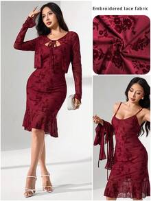 Modelyn Bộ trang phục thanh lịch màu đỏ rượu vang, váy yếm + áo khoác cardigan dài tay, phù hợp cho mùa xuân và mùa thu - Màu Đỏ Sâu - Xem 4