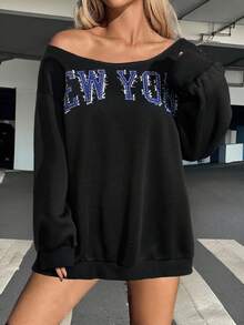 SHEIN CURVE+ 大码休闲秋冬字母印花卫衣 - 黑色 - 查看 4