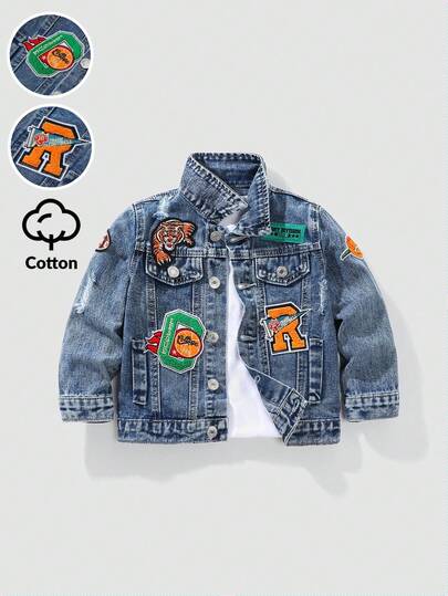 SHEIN Playful Pals Vintage American Street Style Distressed Ripped Tiger Letter Embroidered Patch Loose Casual Comfortable Washed Light Blue Denim Jacket Fall Winter