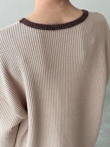 FRIFUL Women's Waffle Knit Contrast Color Loose Fit Round Neck Long Sleeve Casual T-Shirt, Suitable For Spring/Autumn Layering