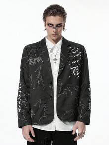 ROMWE MEN Goth 男士秋季斑驳花纹翻领长袖休闲西装外套 - 黑色 - 查看 5