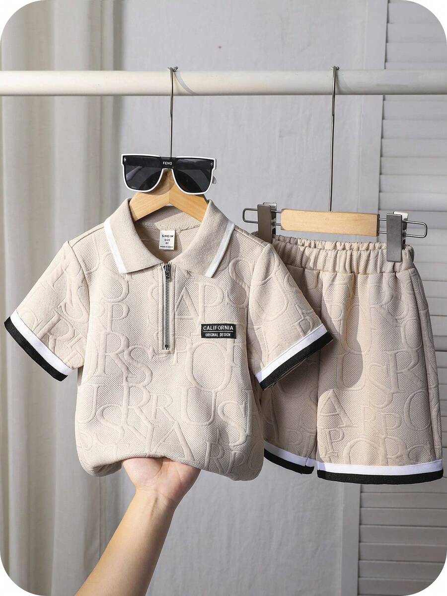 SHEIN 2pcs/Set Young Boys Casual Street Style Polo Collar Contrast Trim Zipper Pullover Top And Shorts Knit Sweater Suit - Khaki - View 1