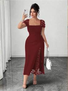 SHEIN PETITE Vestido elegante con cuello cuadrado, volantes en el bajo y abertura lateral - Burdeos - Ver 1