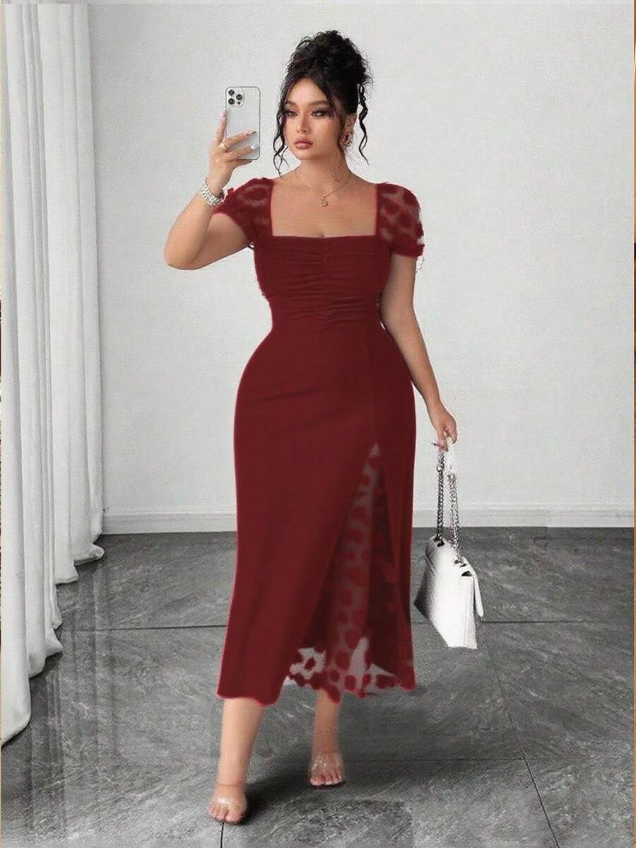 SHEIN PETITE Summer Square Neck Ruffle Hem Split Hem Ladylike Dress - Burgundy - View 1